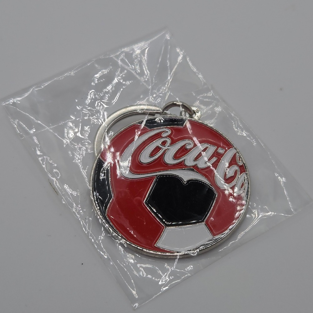Coca-Cola Soccer Ball Enamel Keychain Red White Black Coke Collectible Key Ring